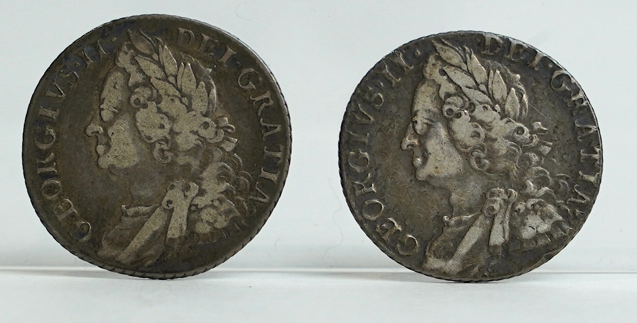 British silver coins, George II, two shilling coins, 1758, both fine/good fine and four sixpences, 1746, LIMA, fine, 1758/7, about VF, 1758, fine or better and 1757, about VF (6)